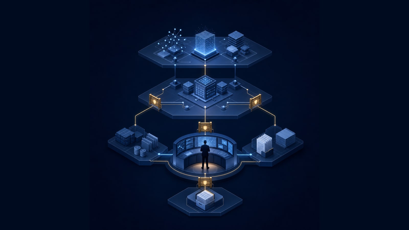 Enterprise AI systems connected through permission checkpoints to a human-operated oversight console.