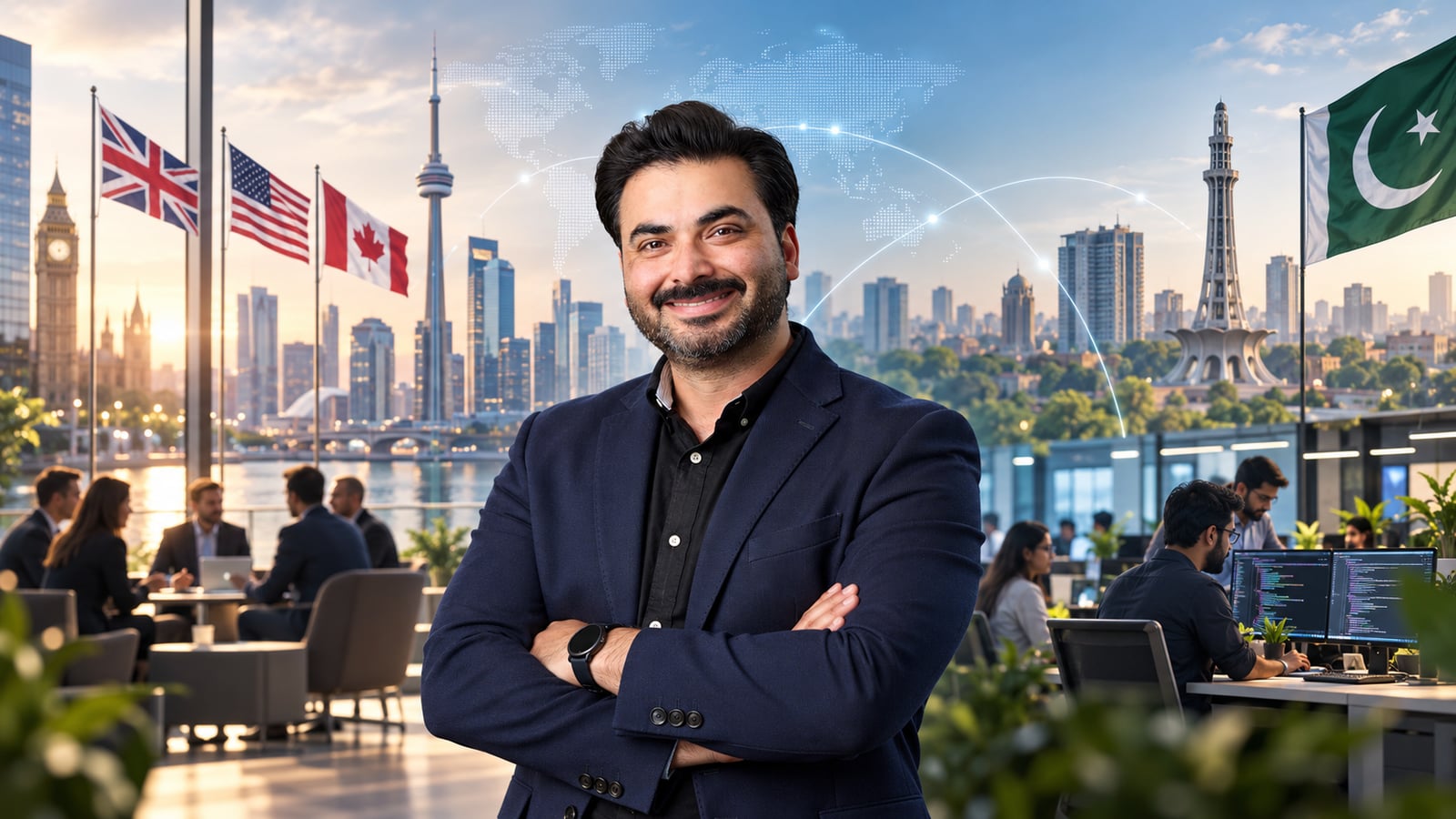 Illustration of Ahmad Nizami with software teams, international city landmarks and UK, US, Canadian and Pakistani flags connected by a global network.